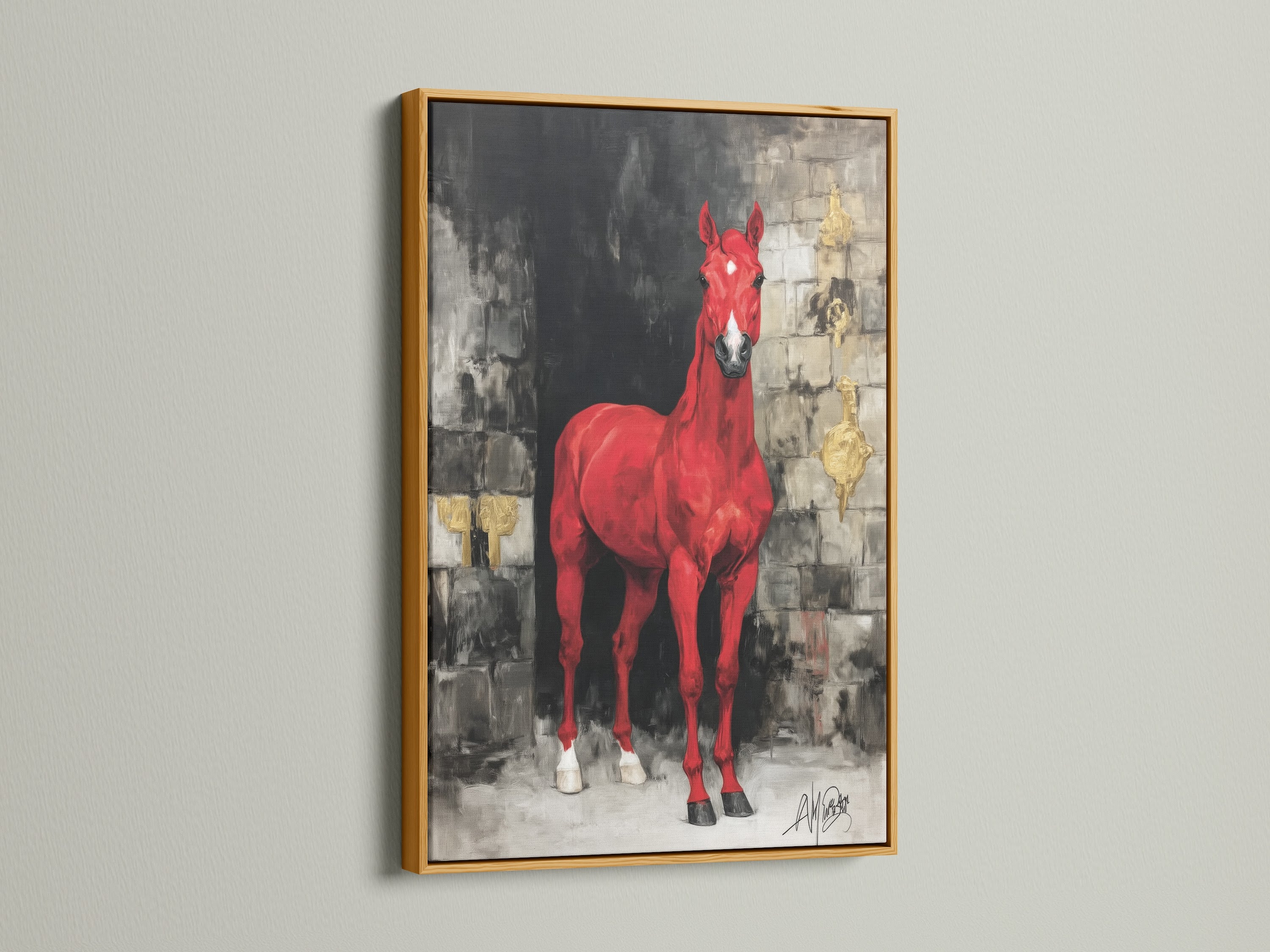 The stunning red horse artwork is set in a luxurious gold frame. This adds a touch of elegance to the bold animal print. Perfect as statement wall art or equine artwork. The gold frame enhances the red art print.