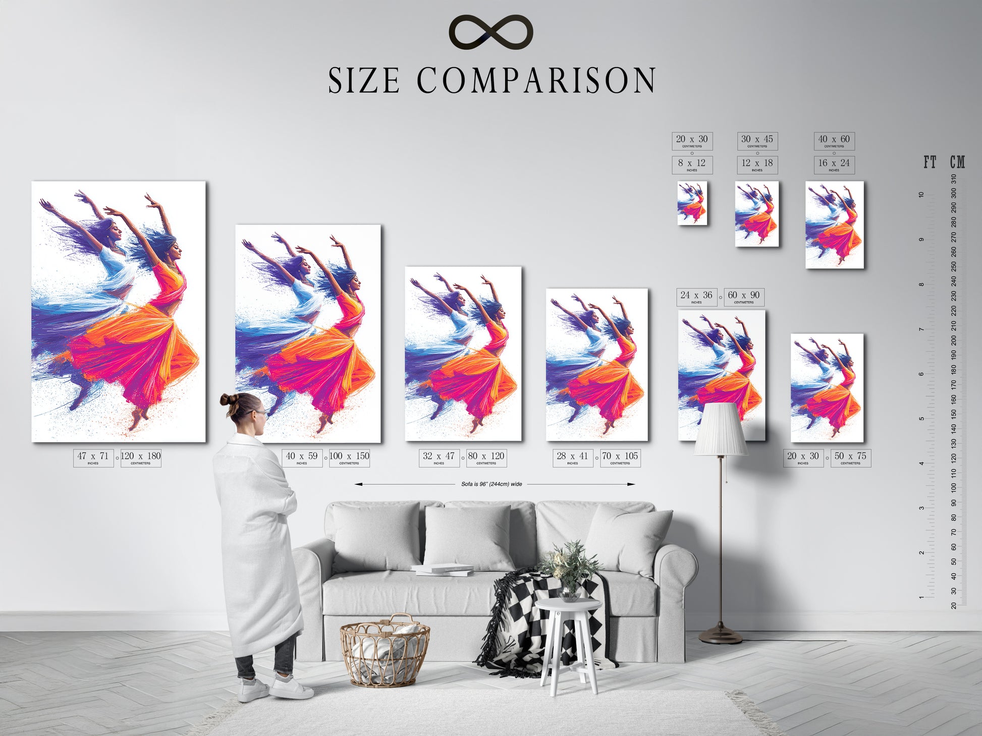 Size comparison chart in an interior setting. The chart displays the Indian Dancers artwork in various sizes. Find the perfect fit for your space. This artwork enhances living rooms and studios.
