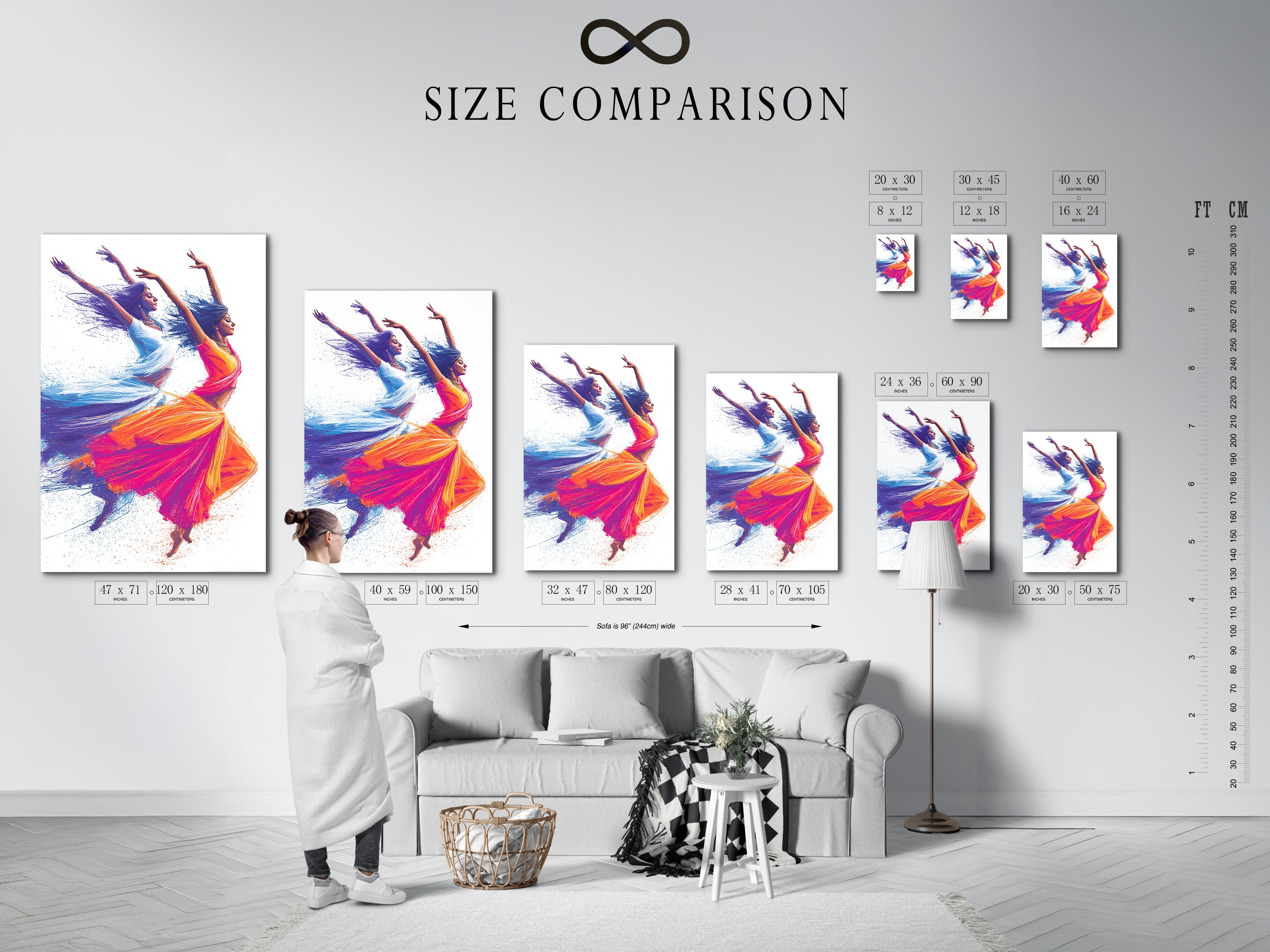 Size comparison chart in an interior setting. The chart displays the Indian Dancers artwork in various sizes. Find the perfect fit for your space. This artwork enhances living rooms and studios.