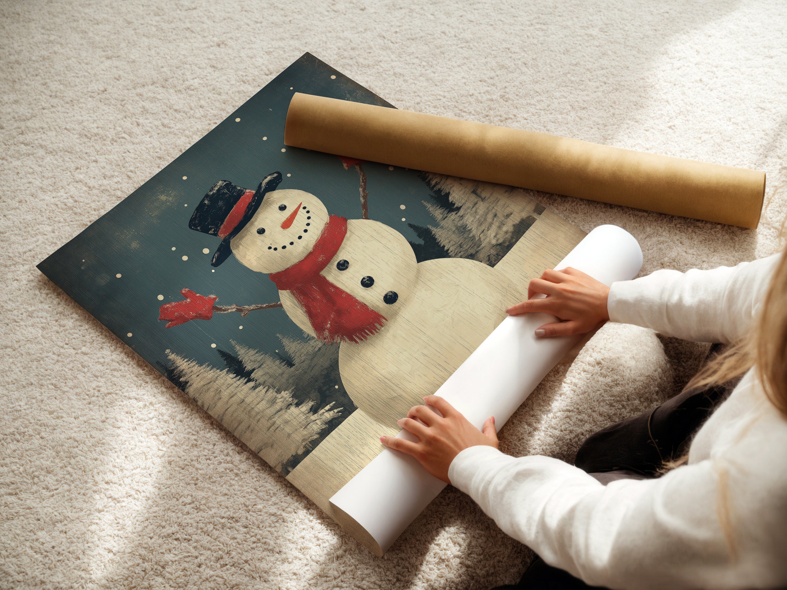 A woman carefully rolls a fine art poster paper featuring a snowman winter art print. This ensures the artwork is preserved during handling. Ready for framing this christmas canvas art will add rustic charm.