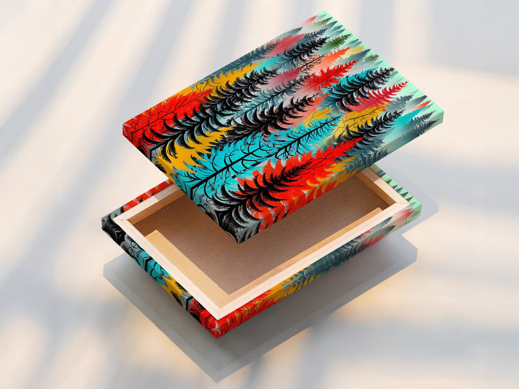 A stretched canvas print of colorful forest artwork. This abstract tree wall art is ready to hang. The modern woodland print features vibrant red turquoise and black trees. Perfect for adding scandi decor to your home. This tree canvas enhances any room. Ideal for living room wall art or bedroom wall decor.