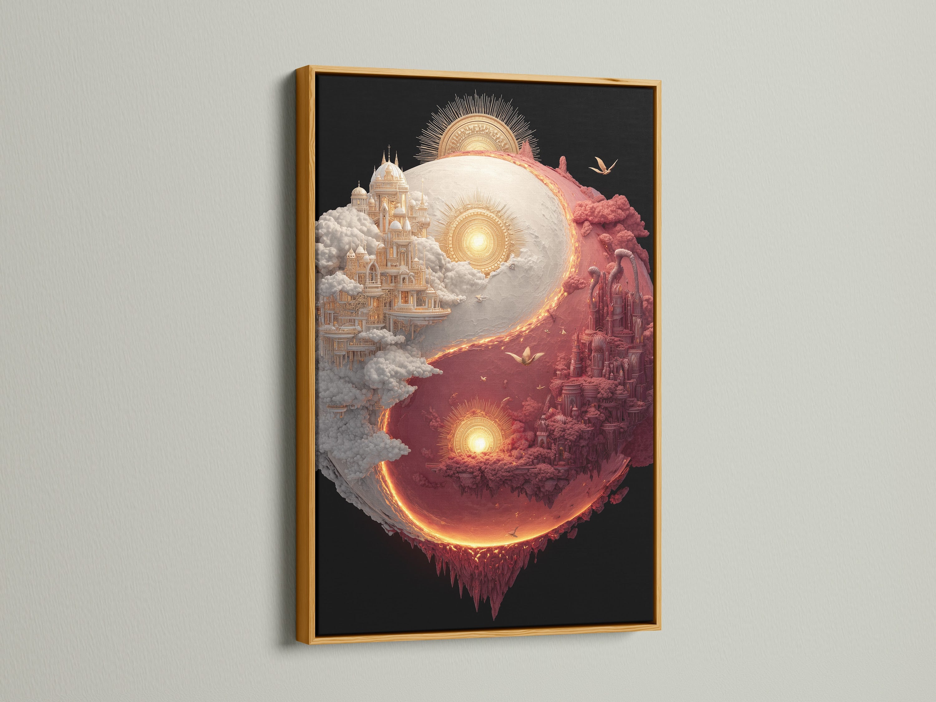 Yin and Yang art in a gold frame. This art piece features two castles. One is a white castle in the clouds. The other is a red castle on fiery earth. Gold frames add a touch of luxury to your artwork.