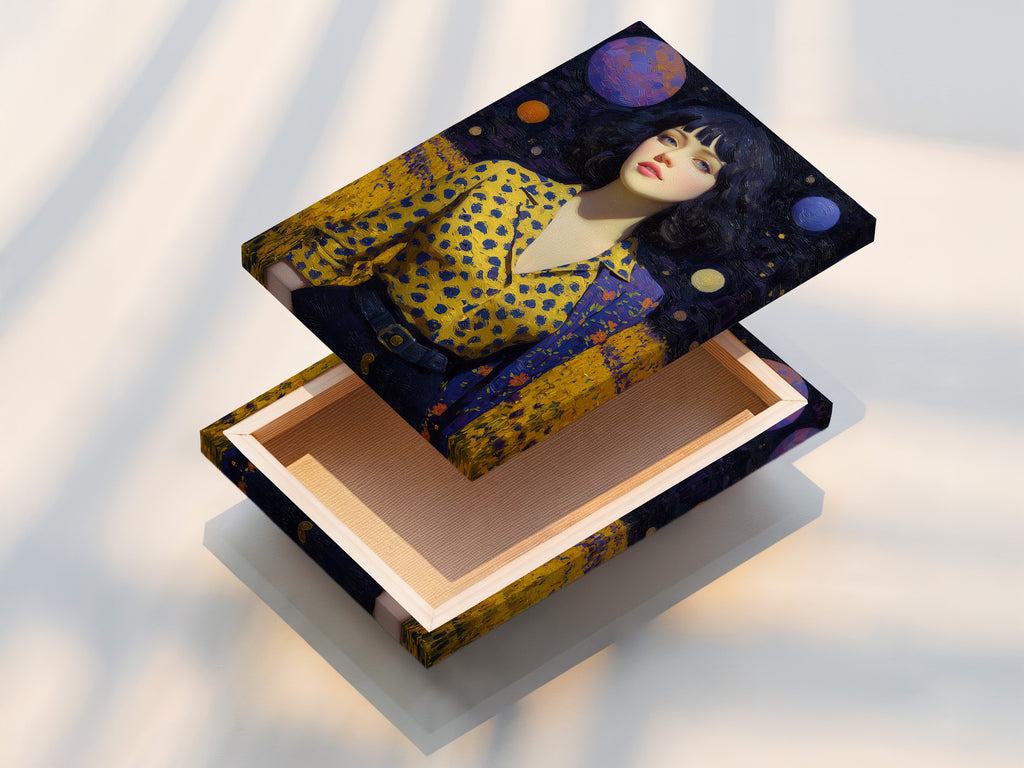 A stretched canvas print of the Cosmic Woman Portrait. The surreal galaxy artwork is ready to hang. Celestial wall art enhances modern living spaces. Dreamy space art creates a unique atmosphere. Great for contemporary and eclectic styles.