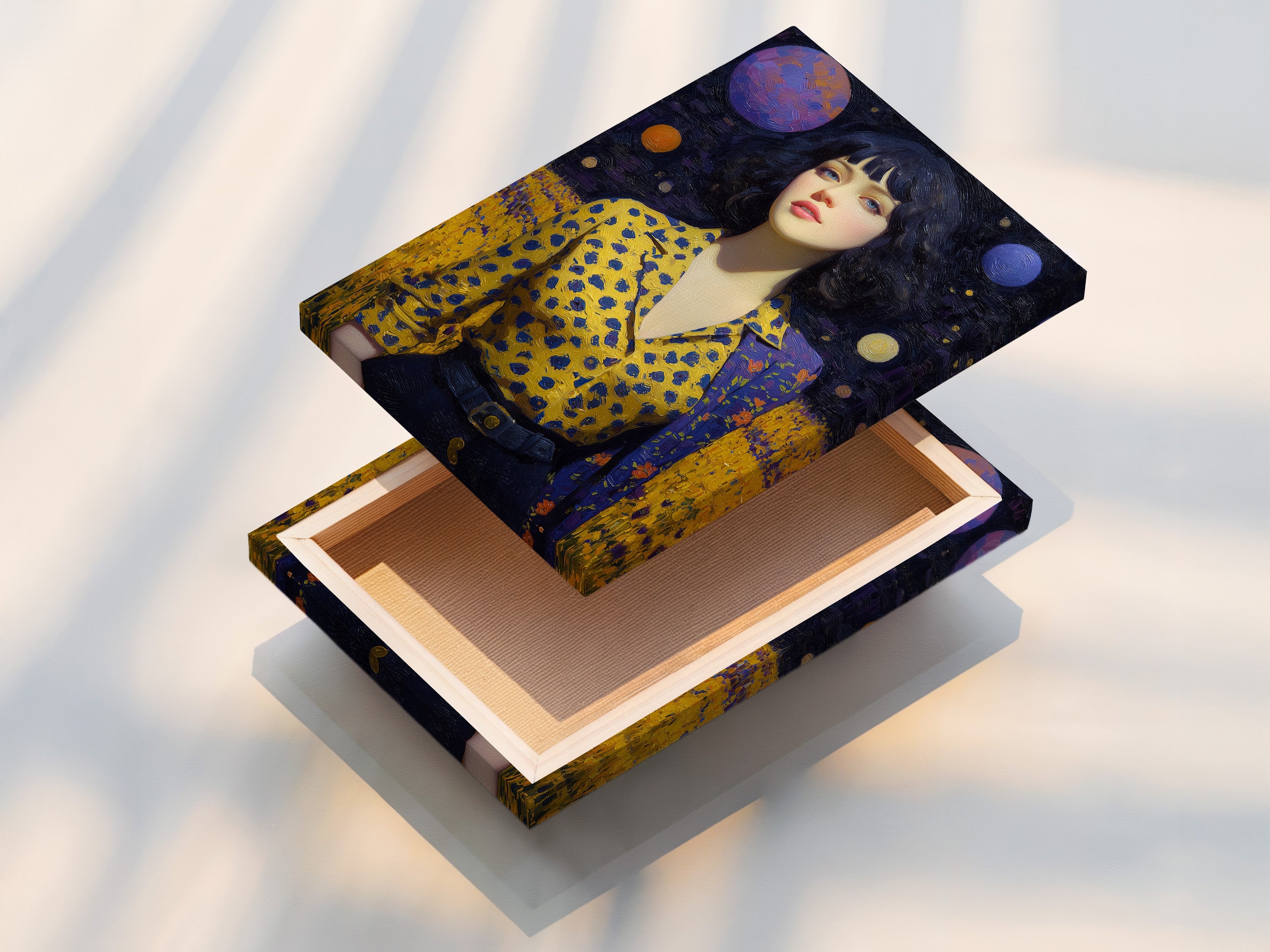 A stretched canvas print of the Cosmic Woman Portrait. The surreal galaxy artwork is ready to hang. Celestial wall art enhances modern living spaces. Dreamy space art creates a unique atmosphere. Great for contemporary and eclectic styles.