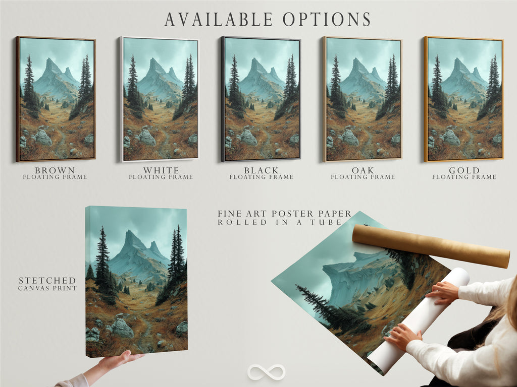 Available options: stretched canvas print fine art poster paper and floating frame. Choose your preferred format for mountain landscape artwork. Customize your nature print to match your style. Perfect for creating unique earth tone wall art. Explore the alpine valley.
