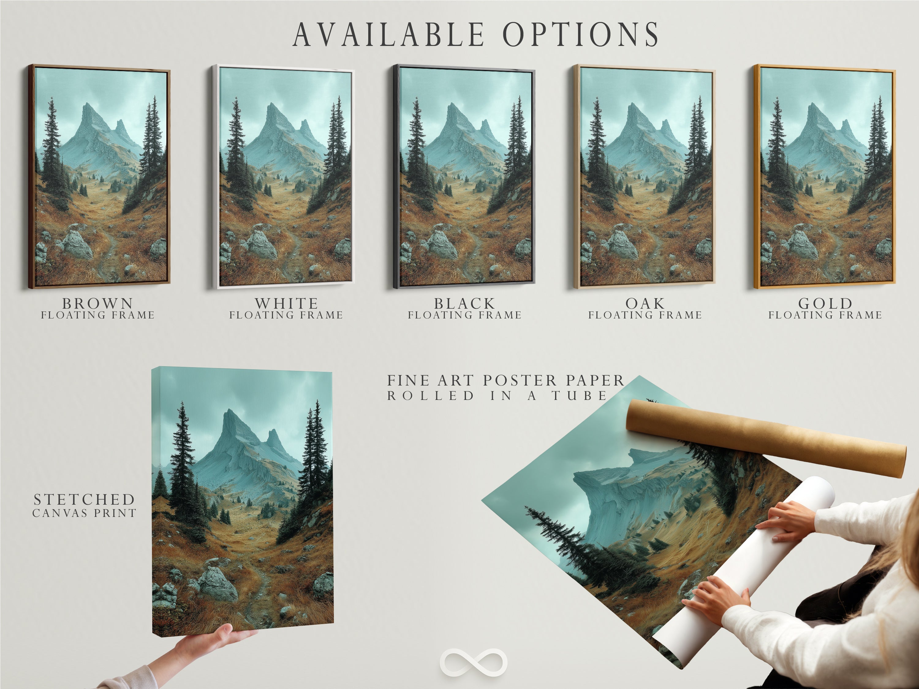 Available options: stretched canvas print fine art poster paper and floating frame. Choose your preferred format for mountain landscape artwork. Customize your nature print to match your style. Perfect for creating unique earth tone wall art. Explore the alpine valley.