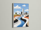 City skyline artwork in a white frame. This modern river landscape wall art brings an urban abstract touch. Ideal for adding a contemporary feel to your office or home decor. It enhances any room.