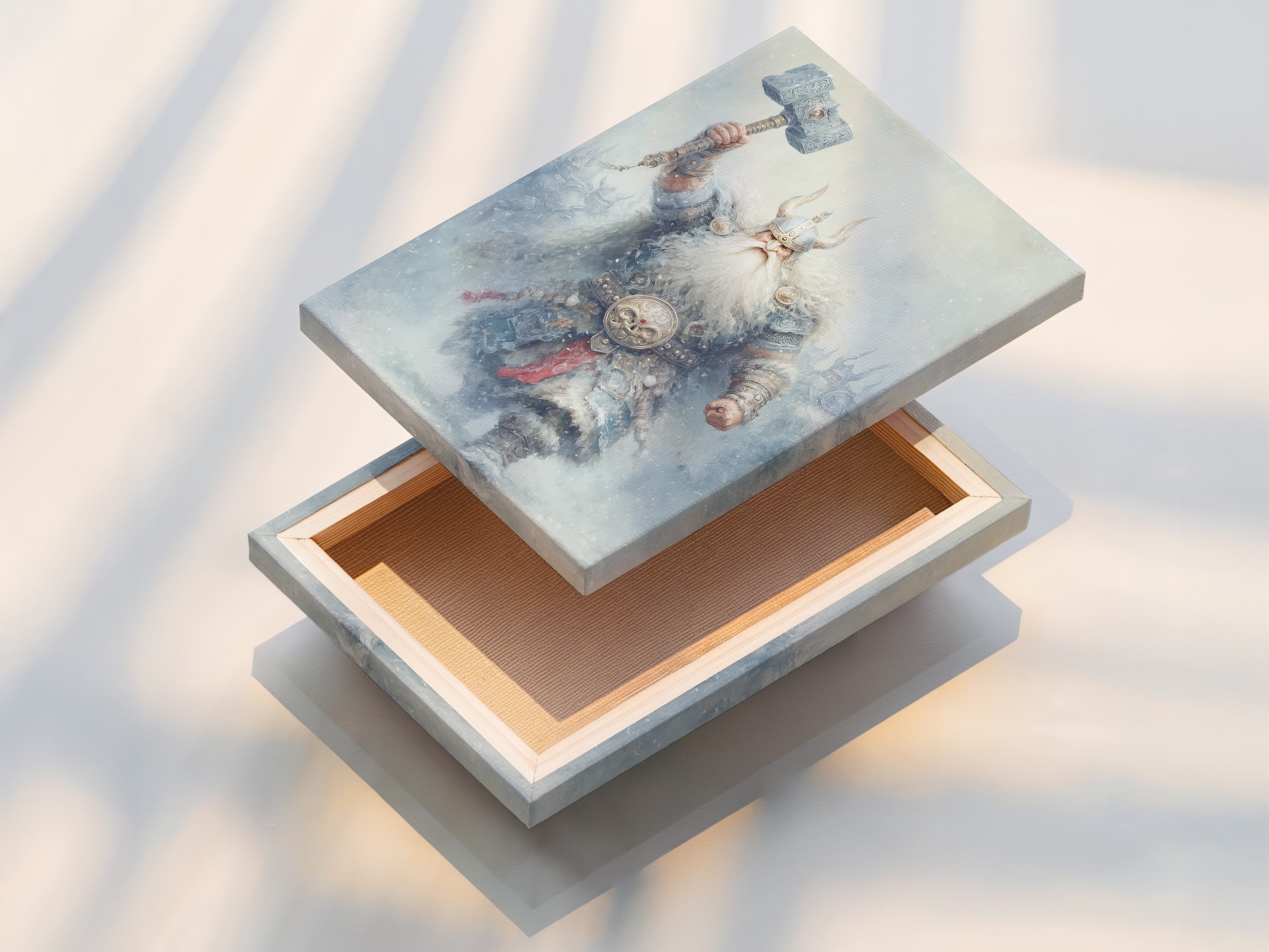 Stretched canvas print of the Viking Warrior. This Norse Mythology artwork is ready to hang. A perfect addition to game room decor. The stretched canvas enhances the fantasy artwork. Its ideal for industrial and rustic spaces. This offers a seamless display.