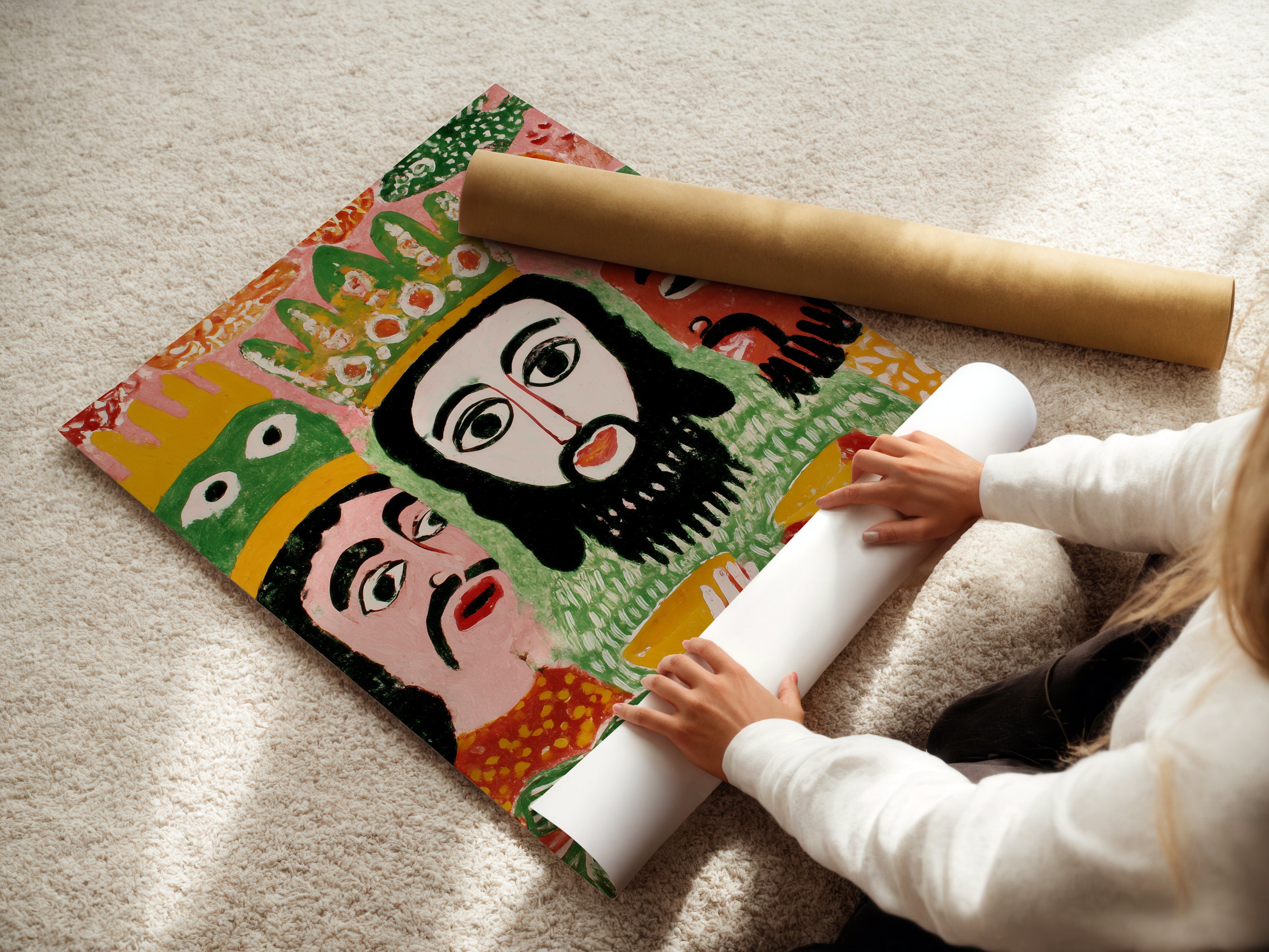 A woman rolls fine art poster paper featuring the Three Wise Men. This biblical art print will soon become a stunning piece of wall decor. Perfect for homeowners and church leaders seeking elevated religious artwork. Ready to transform your living room or home office.