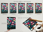 Discover available options for this floral artwork. Choose from a stretched canvas print or fine art poster paper. A floating frame is also an option. Modern botanical artwork features teal pink and yellow flowers. This colorful flower canvas is perfect for any room. Enhance your bedroom decor with flower prints. Modern artwork for your home.