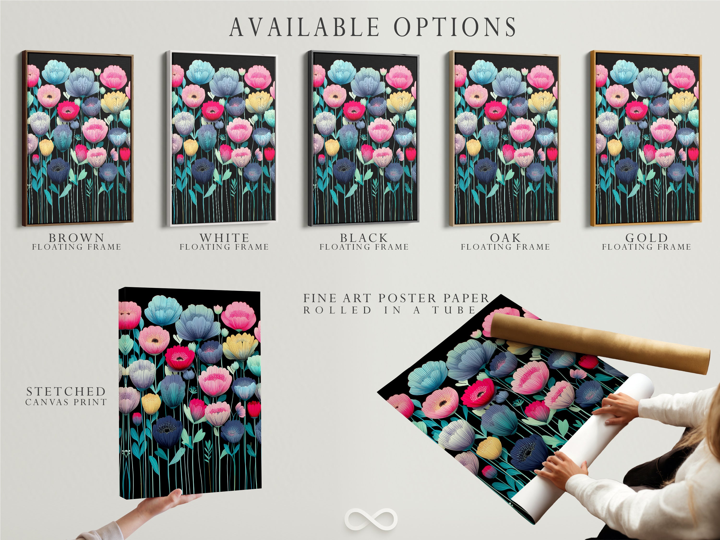 Discover available options for this floral artwork. Choose from a stretched canvas print or fine art poster paper. A floating frame is also an option. Modern botanical artwork features teal pink and yellow flowers. This colorful flower canvas is perfect for any room. Enhance your bedroom decor with flower prints. Modern artwork for your home.