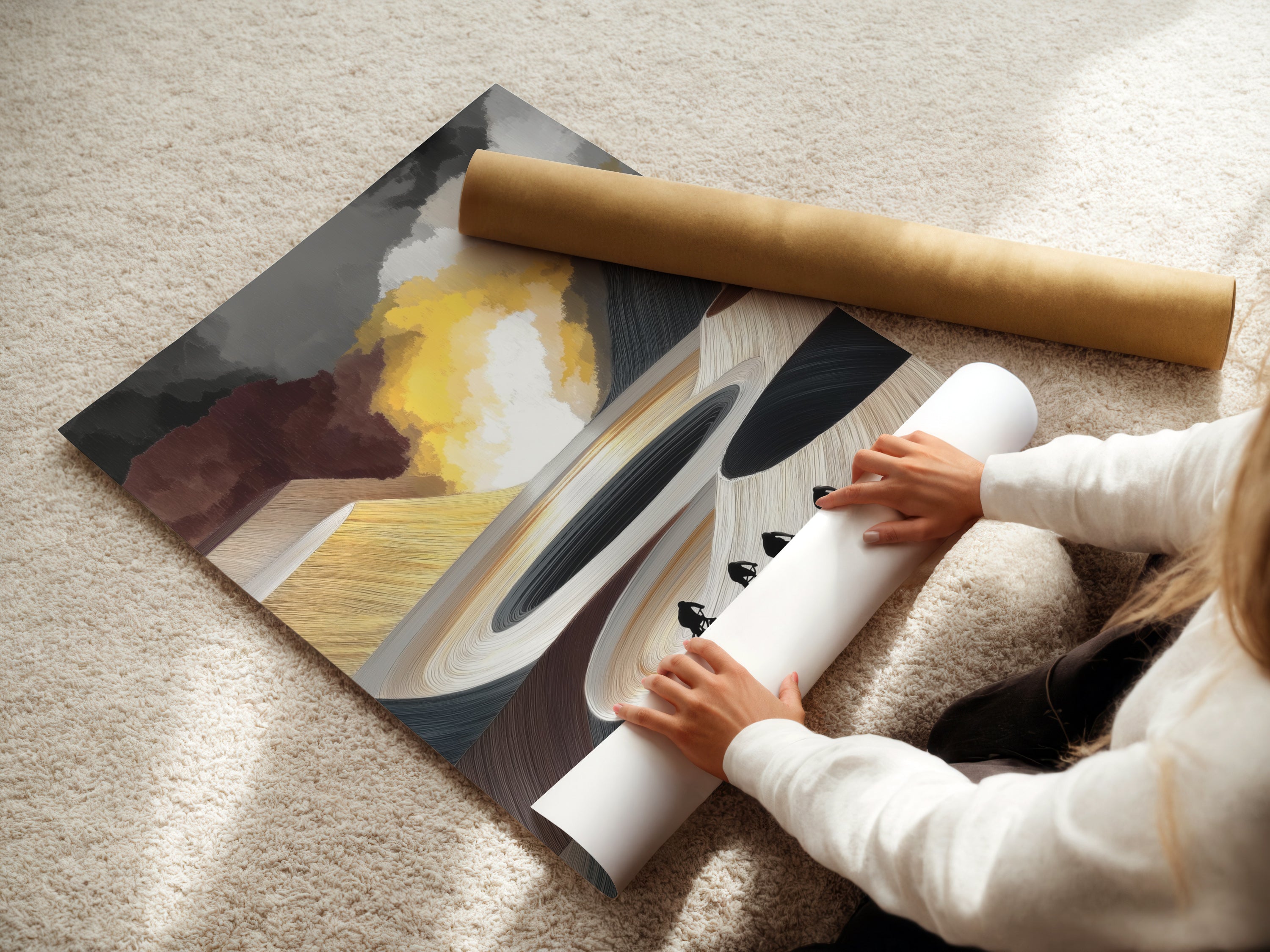 Woman carefully rolling a fine art poster paper print of cyclists art. This abstract artwork is perfect for modern homes. Add neutral wall art to your office decor. A great biking gift.