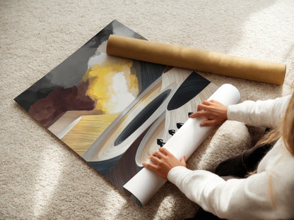 Woman carefully rolling a fine art poster paper print of cyclists art. This abstract artwork is perfect for modern homes. Add neutral wall art to your office decor. A great biking gift.