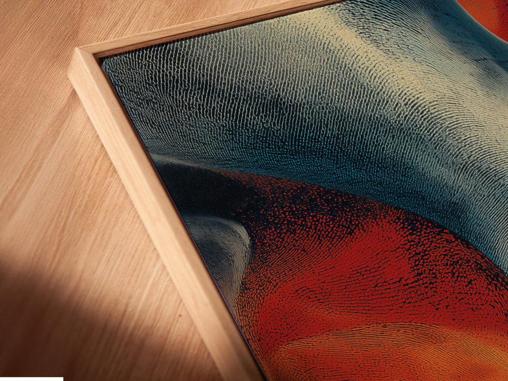 A close-up angled view of a canvas print in a floating frame. The artwork showcases vibrant colors and intricate details. The floating frame enhances the depth and dimension of the piece. It is a modern and stylish way to display art.