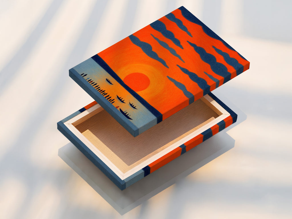 The stretched canvas print displays the sunset seascape artwork. This coastal landscape artwork is ready to hang. It brings the beauty of the ocean into your space. Perfect for creating a relaxing atmosphere with nautical wall art.