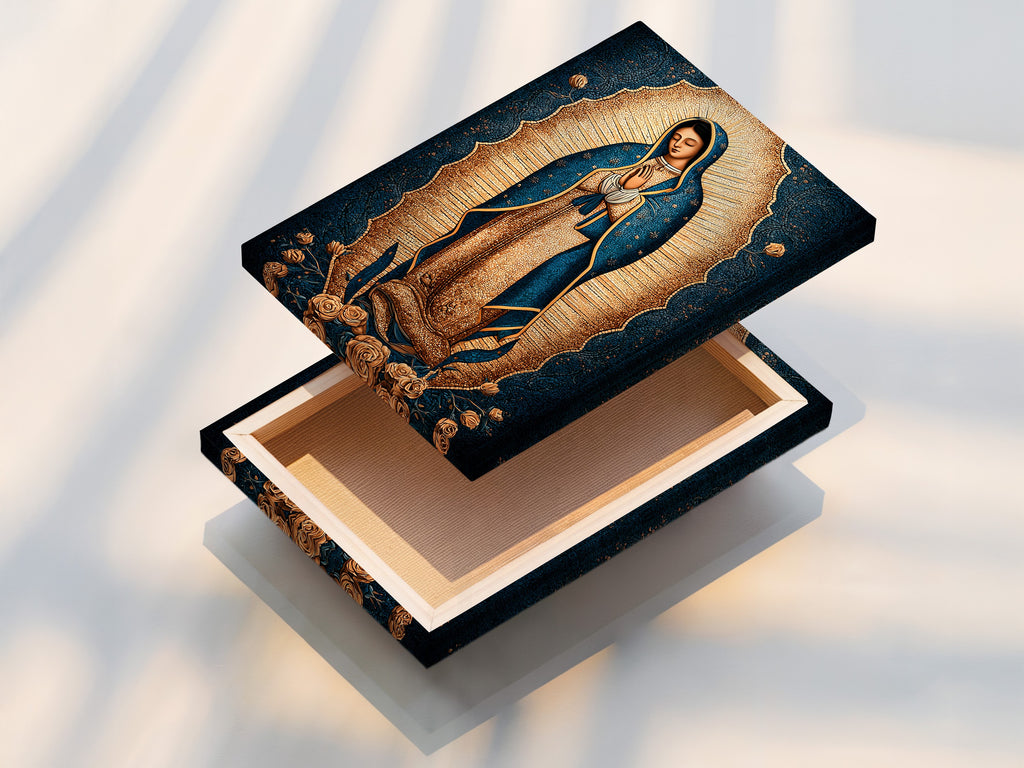 A stretched canvas print of Our Lady of Guadalupe. This piece of religious decor is ready to hang. It is perfect for adding Madonna wall art to your home. A great choice for prayer rooms and Catholic home art.