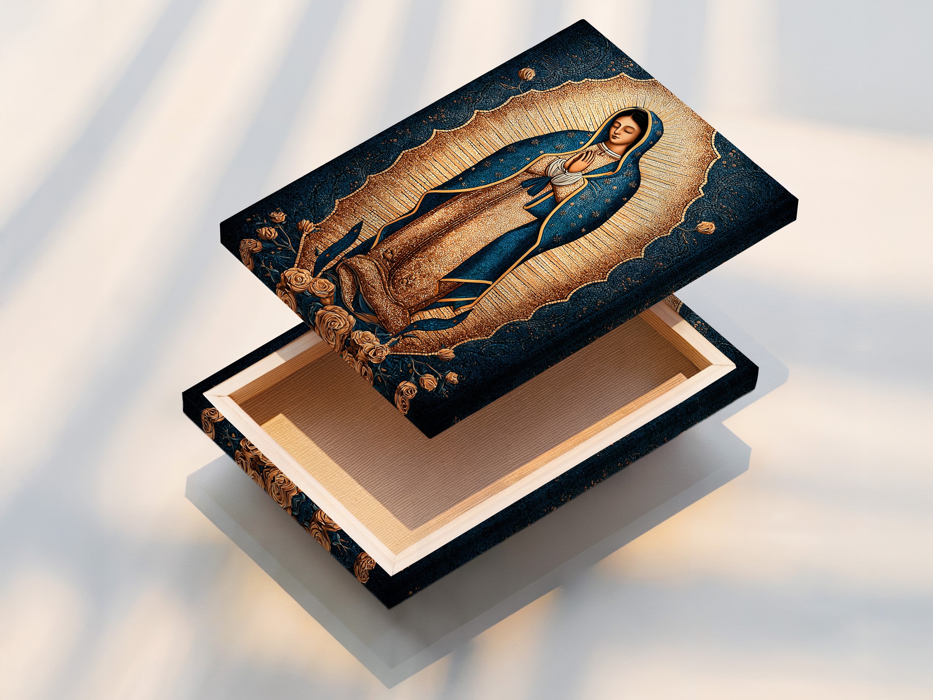 A stretched canvas print of Our Lady of Guadalupe. This piece of religious decor is ready to hang. It is perfect for adding Madonna wall art to your home. A great choice for prayer rooms and Catholic home art.