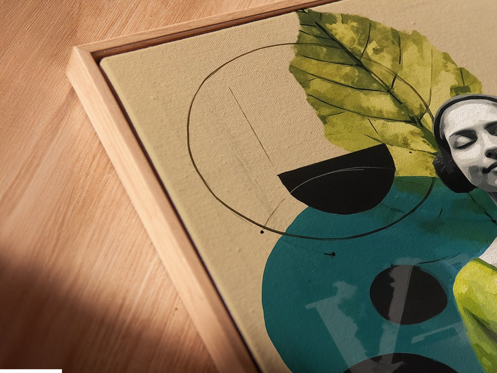 A close-up angled view reveals a canvas print in a floating frame. The artwork seems to hover. This abstract woman botanical piece is truly captivating. Perfect for minimalist or bohemian spaces. The floating frame enhances its beauty.