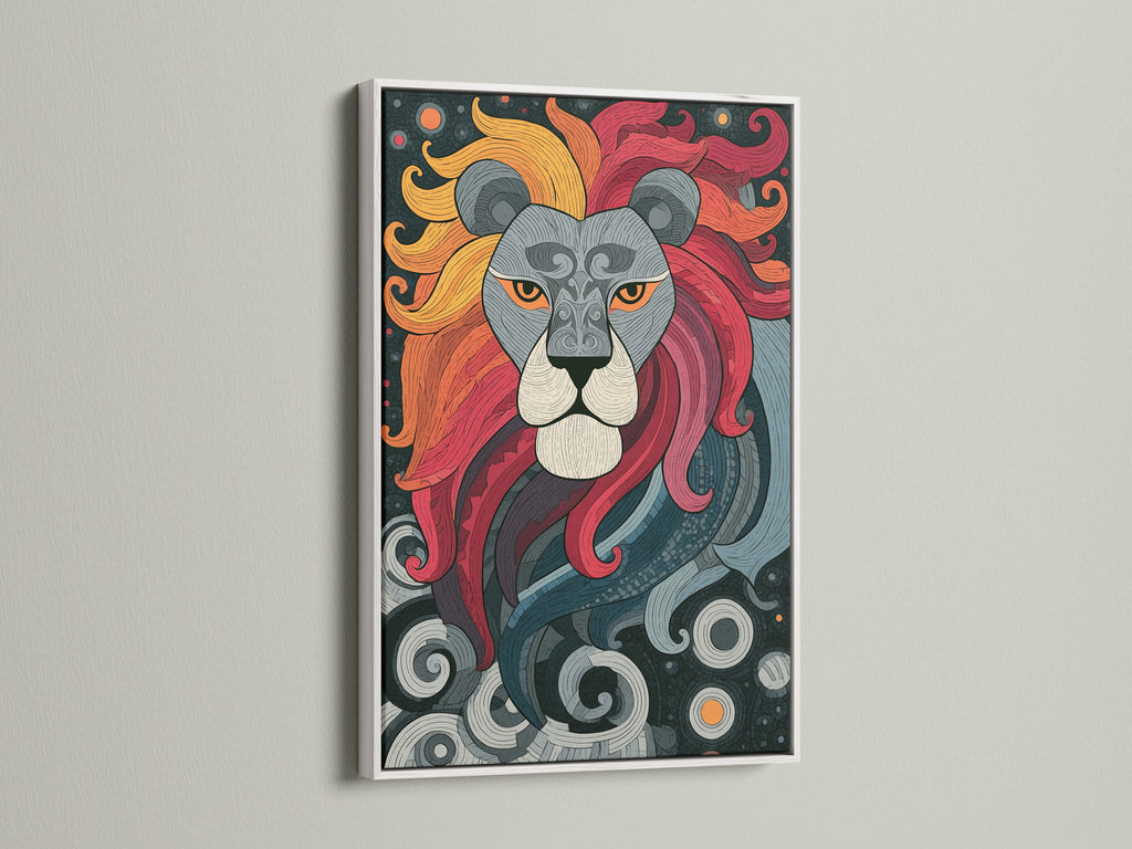 This lion artwork is presented in a clean white frame. The white frame offers a modern touch. The artwork's vibrant colors pop. See how the white frame highlights the lion's features. A great choice for contemporary spaces.