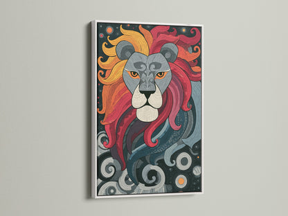 This lion artwork is presented in a clean white frame. The white frame offers a modern touch. The artwork's vibrant colors pop. See how the white frame highlights the lion's features. A great choice for contemporary spaces.