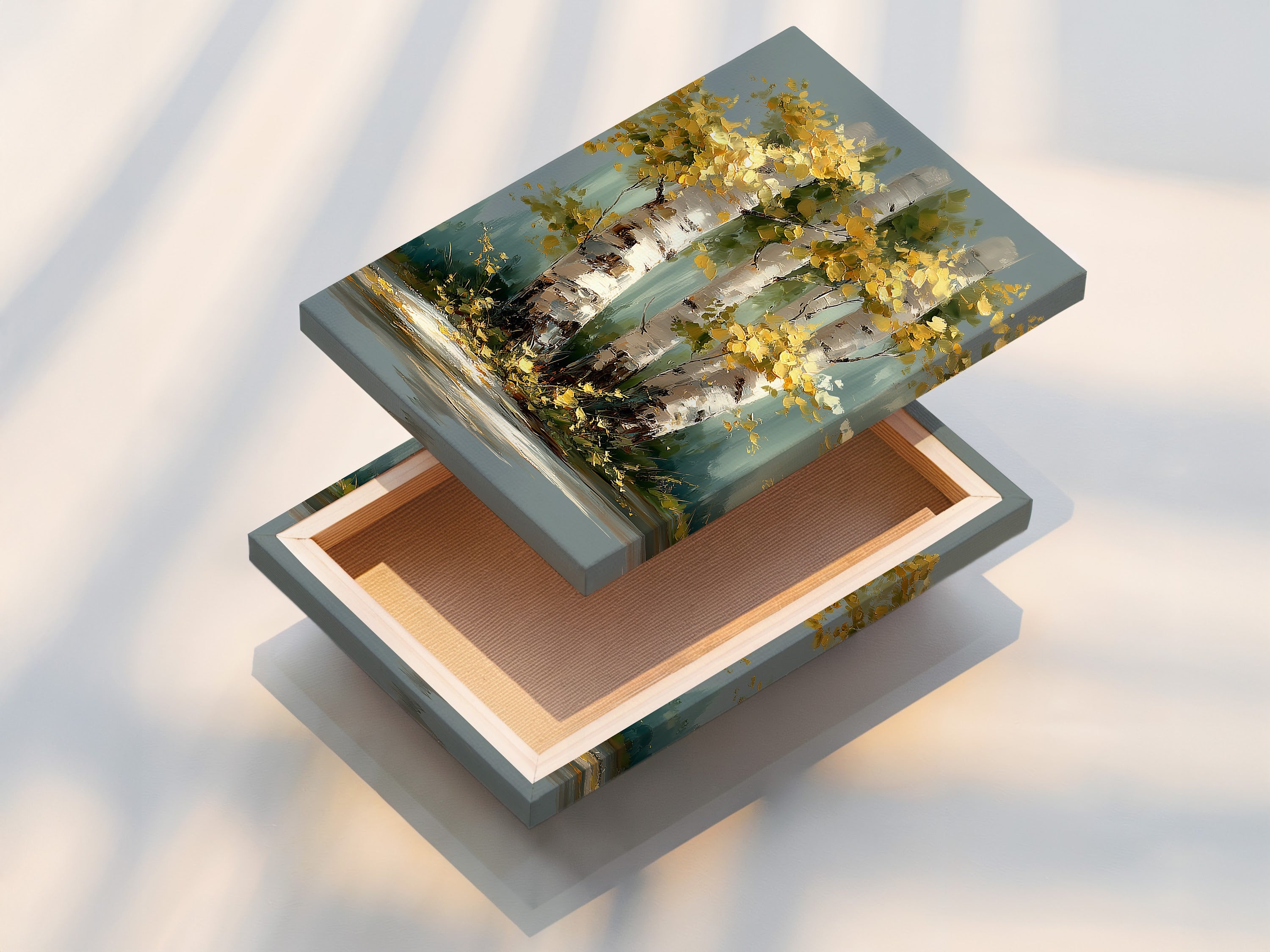 A stretched canvas print of birch tree artwork. The stretched canvas print is ready to hang. It adds golden yellow foliage to your walls. Perfect for bedroom wall decor or living room wall art.