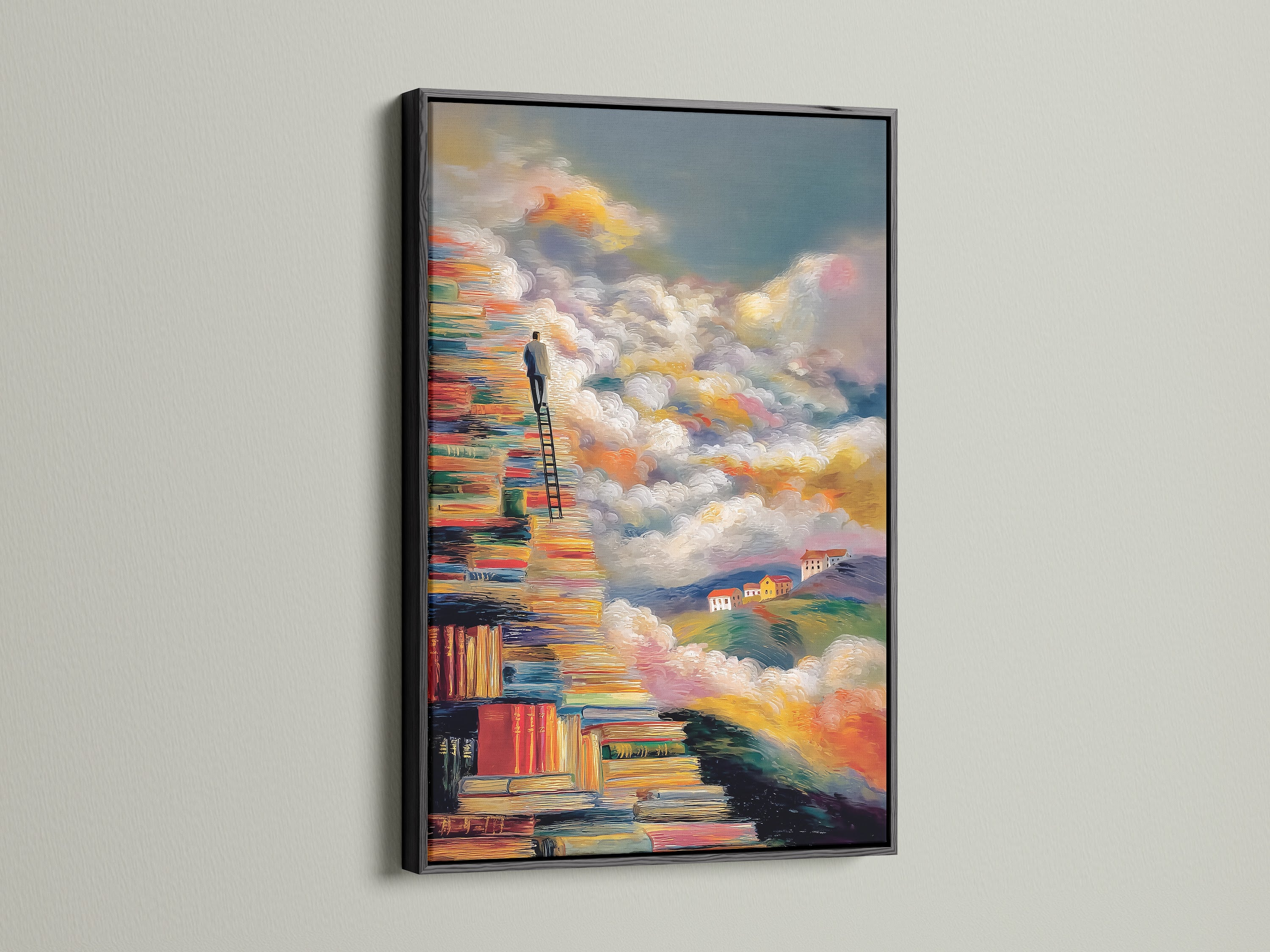 Books to Clouds artwork in a black frame. This modern artwork combines books and clouds in a surreal composition. The multi-color art print is a great addition to any study room or office. It serves as an inspirational piece for education and book lovers.