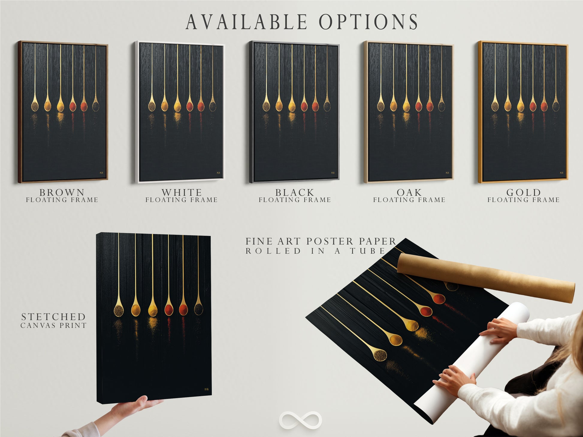Available options for the Spice Spoons artwork. Choose between a stretched canvas print fine art poster paper or floating frame. This modern kitchen art enhances any space. It's a unique chef gift. The spoon print elevates dining areas. This food art print is perfect for cafe decor.