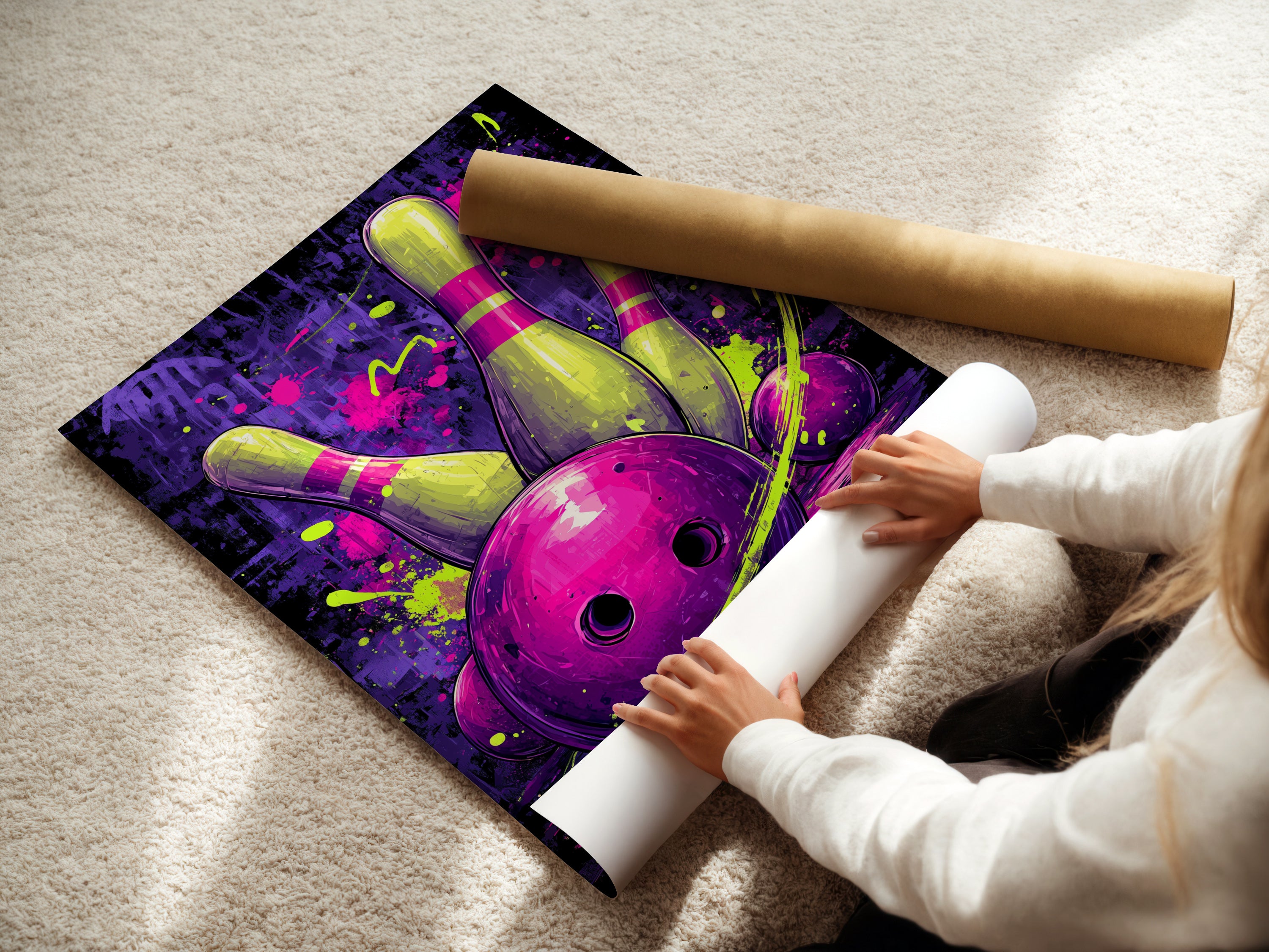 A woman is carefully rolling a fine art poster paper. The paper features neon purple sports wall art. It showcases a retro bowling alley canvas print. This poster is perfect for adding a personal touch to your game room decor. Expect high-quality and vibrant colors.