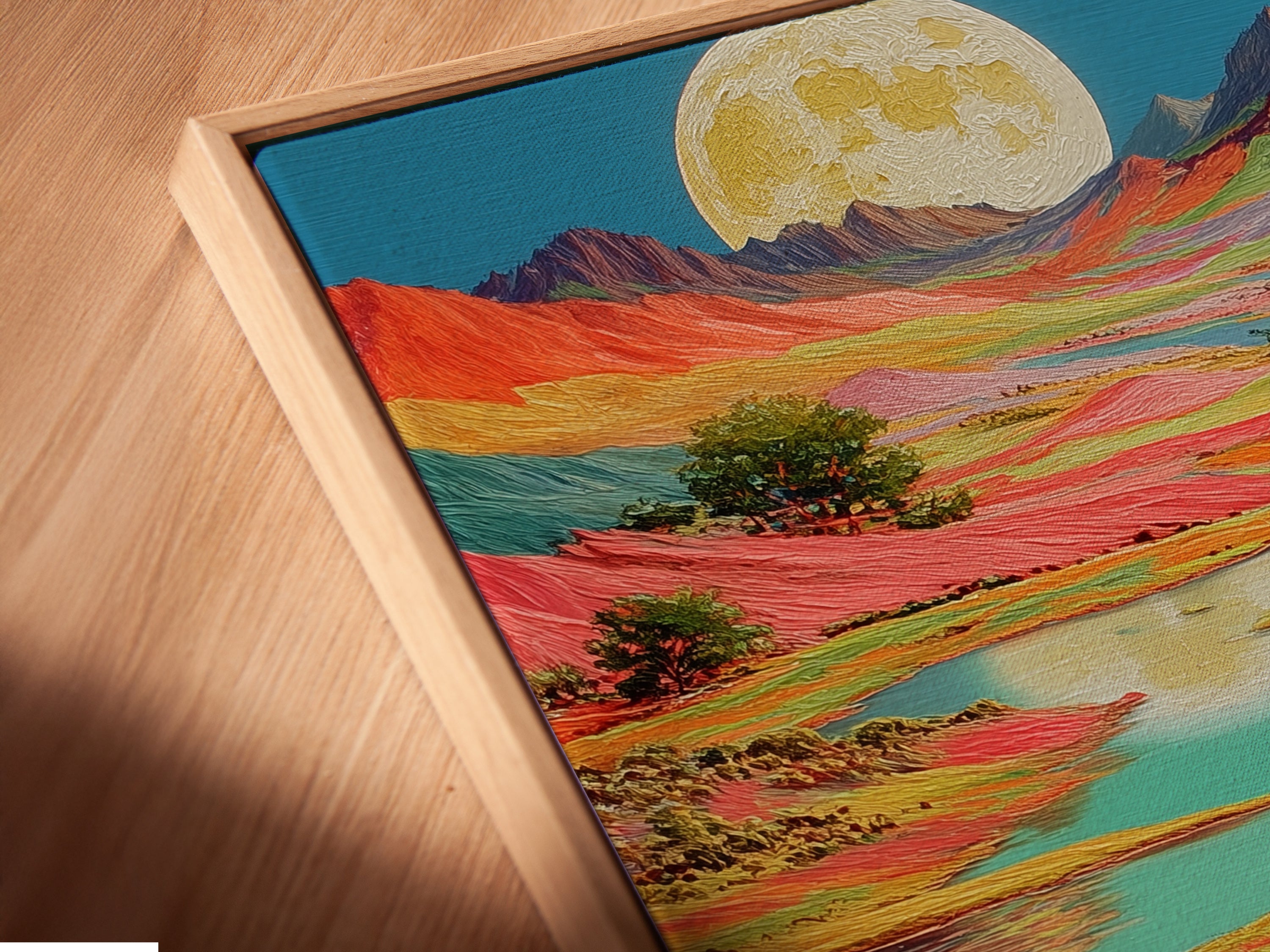 A close-up angled view reveals a canvas print in a floating frame. The artwork features a colorful moon. The floating frame gives the artwork a modern and sophisticated look. It makes the artwork stand out. Perfect for modern minimalist and eclectic styles.