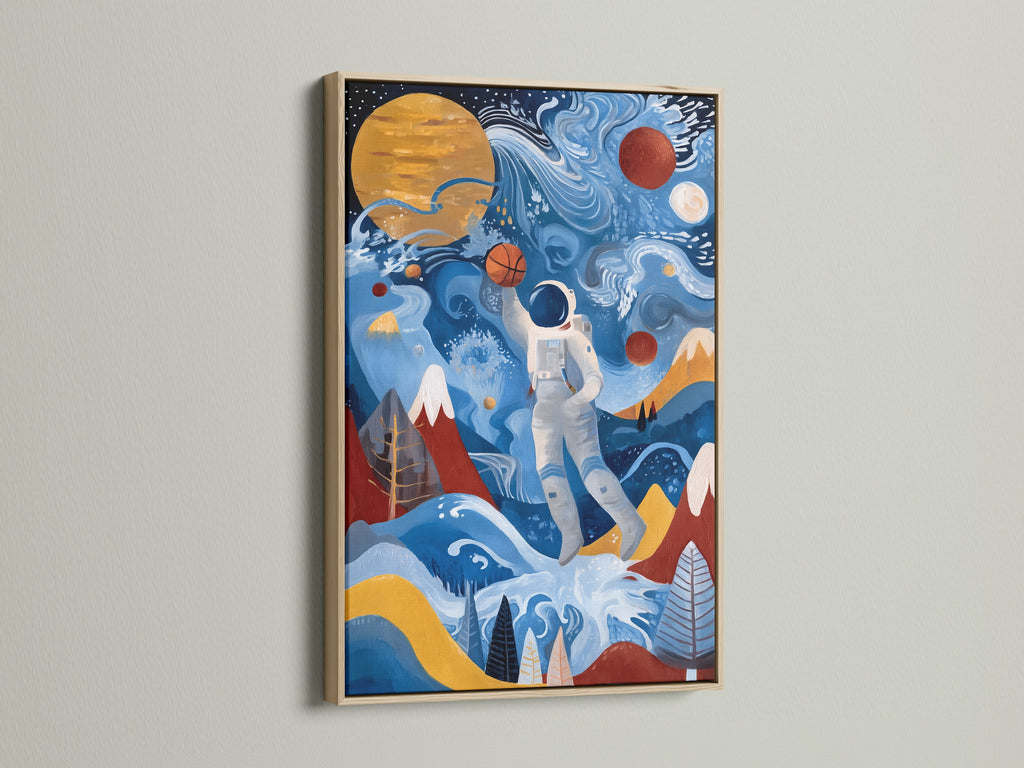 A vibrant space themed art canvas print. The artwork depicts an astronaut playing basketball. It is framed in a natural oak finish. The modern art print is perfect for adding a cool touch to any room. It is ideal for teen room decor.