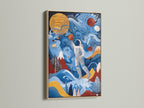 A vibrant space themed art canvas print. The artwork depicts an astronaut playing basketball. It is framed in a natural oak finish. The modern art print is perfect for adding a cool touch to any room. It is ideal for teen room decor.