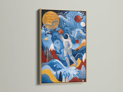 A vibrant space themed art canvas print. The artwork depicts an astronaut playing basketball. It is framed in a natural oak finish. The modern art print is perfect for adding a cool touch to any room. It is ideal for teen room decor.