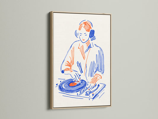 DJ Turntable artwork in an oak frame. The artwork features a retro DJ canvas print. It is ideal for dorm decor or studio wall art. This music lover gift adds a vintage touch to any room. Perfect for college students and music professionals looking for unique wall decor.