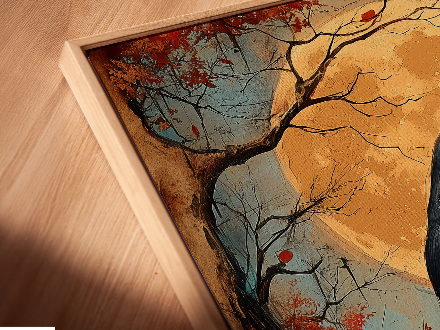 A close-up of a canvas print in a floating frame. The raven artwork appears to float within the frame. This unique framing style enhances gothic decor. Perfect for adding a touch of spooky wall art to any space. Ideal for Halloween art.