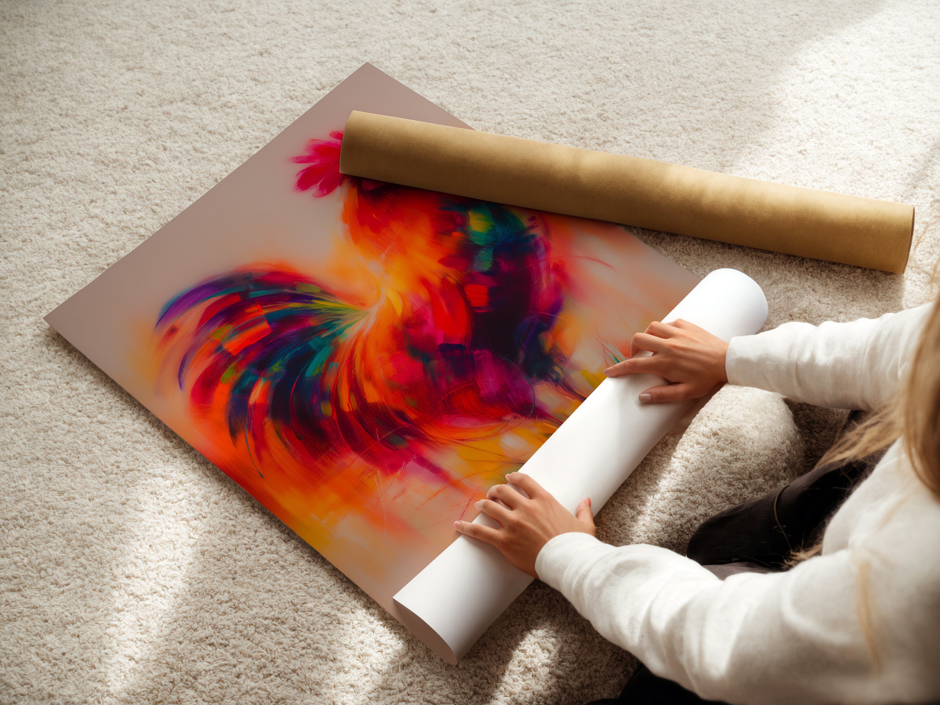 A woman is carefully rolling a fine art poster paper. This poster features a colorful rooster artwork. The fine art paper ensures high-quality reproduction. Perfect for those who appreciate detailed artwork. See the care that goes into producing each print.