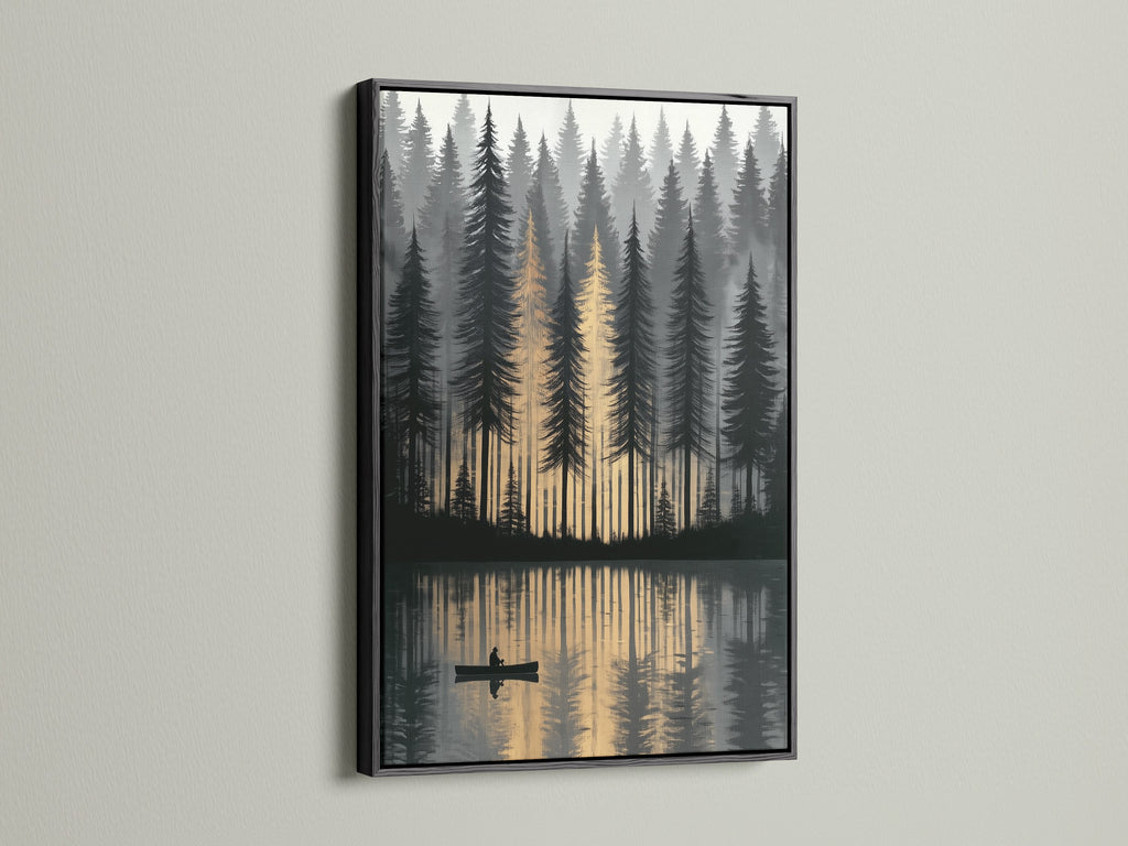 The forest lake artwork is framed in black offering a striking contrast to the golden hour reflection. This canoeing art print creates a tranquil decor. The nature wall art is suitable for modern rustic or cabin styles. It's a scenic artwork for bedroom living room or office.