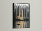 The forest lake artwork is framed in black offering a striking contrast to the golden hour reflection. This canoeing art print creates a tranquil decor. The nature wall art is suitable for modern rustic or cabin styles. It's a scenic artwork for bedroom living room or office.