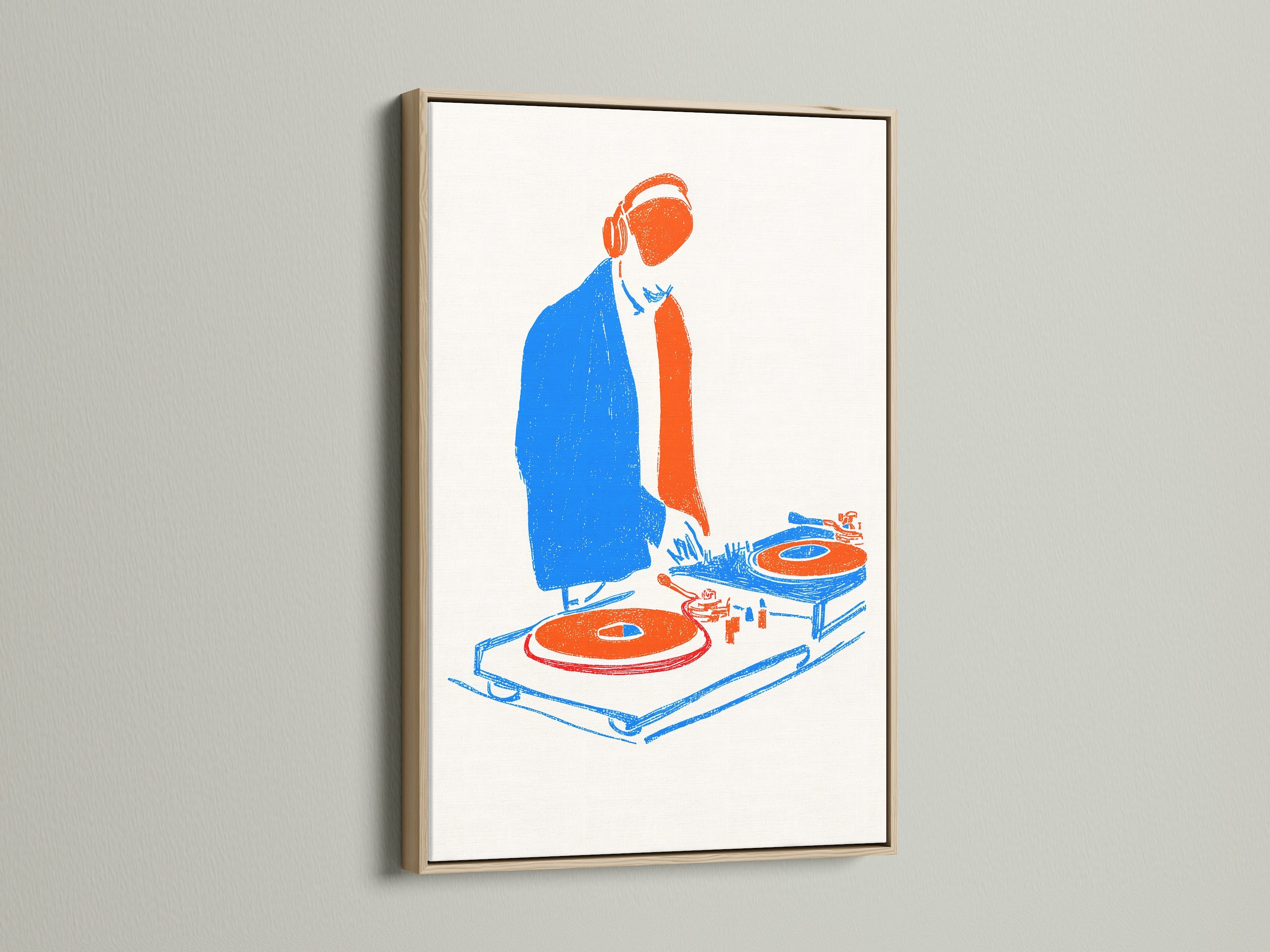 DJ Turntable art is displayed in an oak frame. The artwork adds to vintage music print collections. The frame enhances the retro wall art. It is ideal for music room decor and studio wall art. The oak frame adds a warm touch to the DJ canvas art. This is perfect for music lovers.