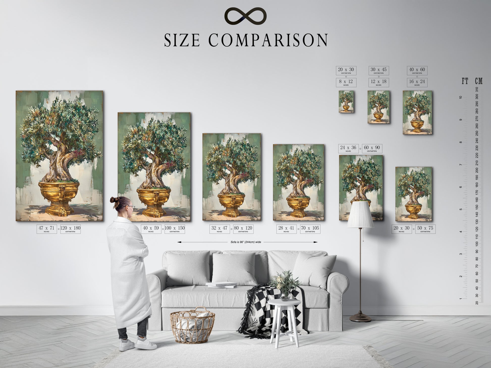 Size comparison chart in an interior setting. Visualize the perfect art size for your space. Compare different dimensions to find the ideal fit. This chart helps you make informed decisions. Transform your home with the right art size.