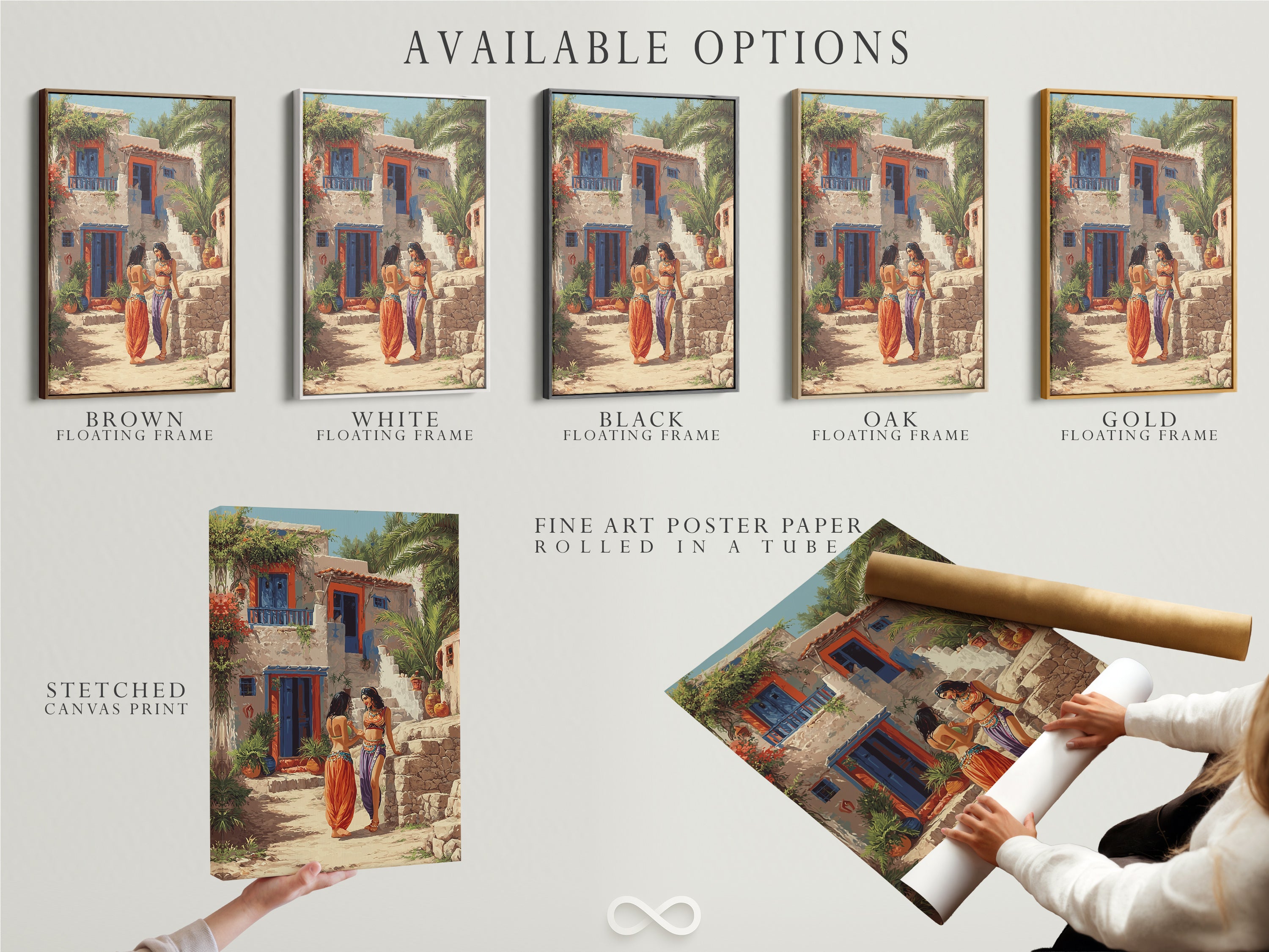 Available options for Mediterranean Women artwork. Choose from a stretched canvas print. A fine art poster paper is also available. You can also get it in a floating frame. This bohemian art features teal blue and orange artwork. The women print is perfect for mediterranean decor. Customize your art to fit your style.