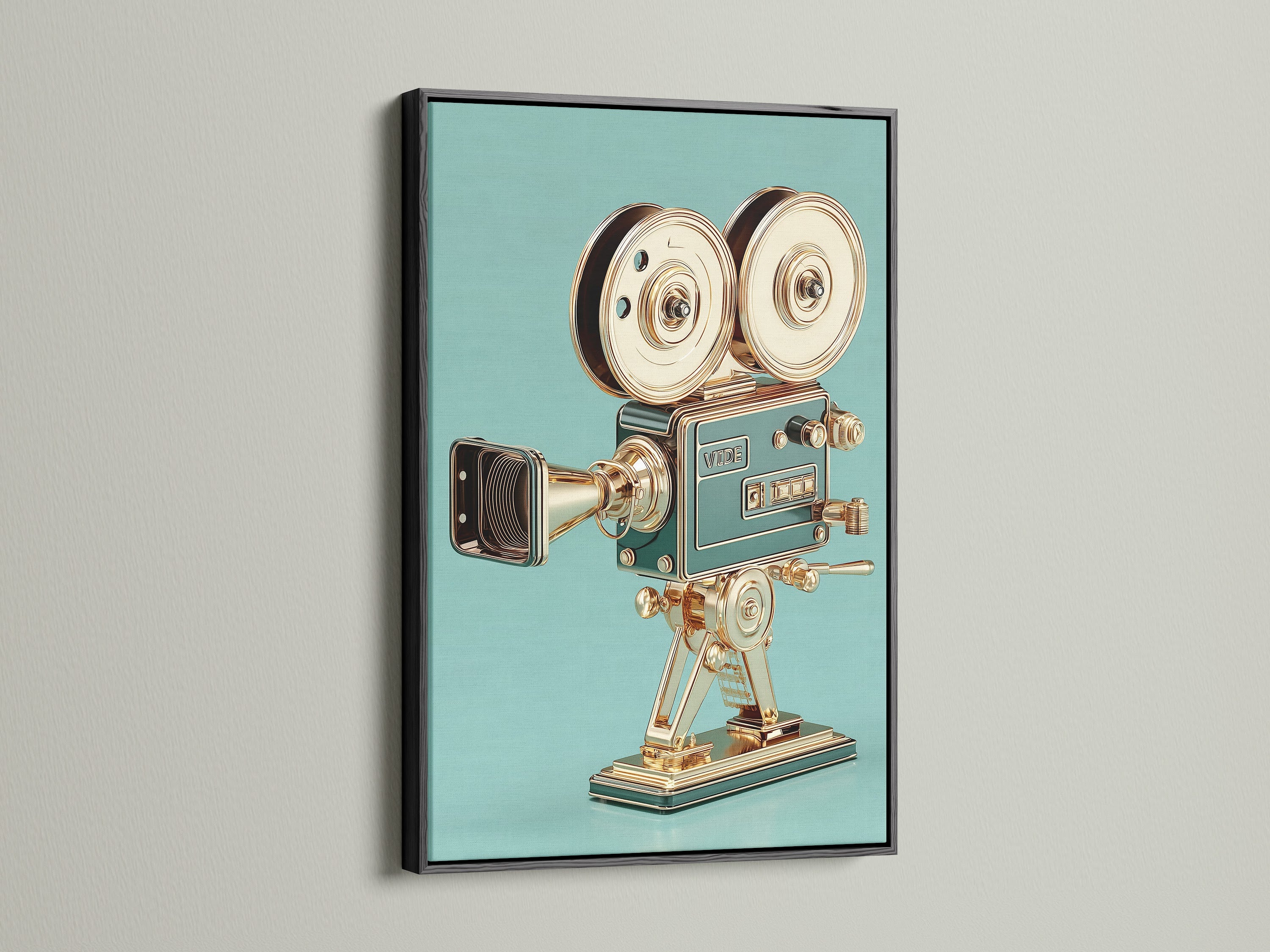 A vintage camera artwork is showcased in a sleek black frame. The bold black frame adds a touch of drama and sophistication. It makes this piece perfect for creating a focal point in any room. The dark frame enhances the artwork's details. This adds depth and visual interest to the overall presentation.