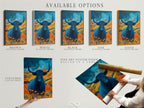Available options for the Majestic Bull artwork include a stretched canvas print fine art poster paper and a floating frame. Choose the perfect format to match your style and decor. This teal and amber artwork offers versatile options.