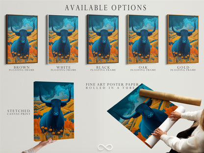 Available options for the Majestic Bull artwork include a stretched canvas print fine art poster paper and a floating frame. Choose the perfect format to match your style and decor. This teal and amber artwork offers versatile options.