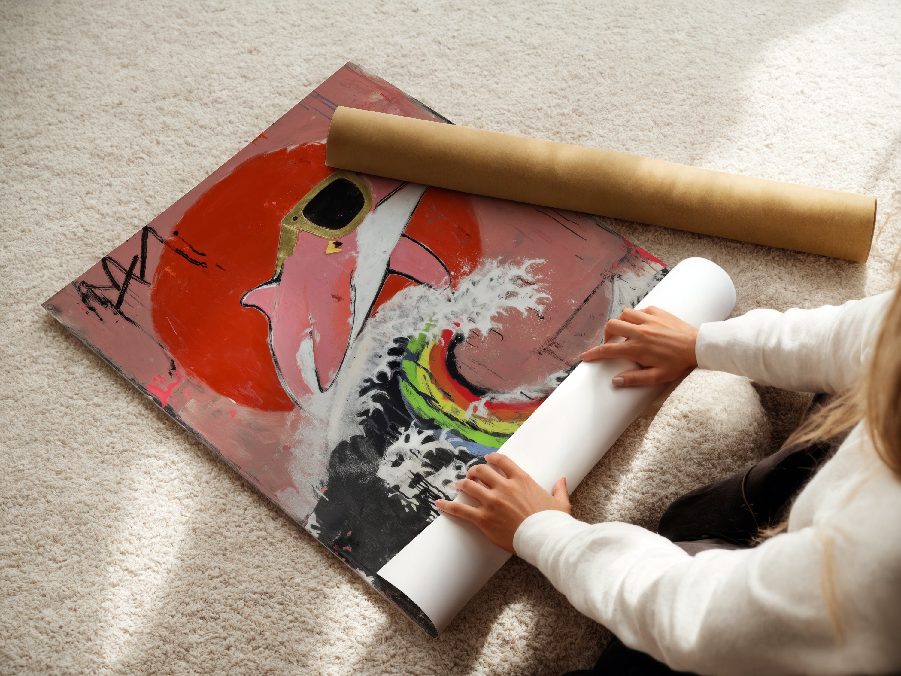 A woman is carefully rolling a fine art poster paper print. The high-quality paper ensures vibrant colors and sharp details. Get your own cool flamingo artwork printed on fine art paper. This is perfect for creating a gallery-worthy display. It is a great addition to any art enthusiast's collection.