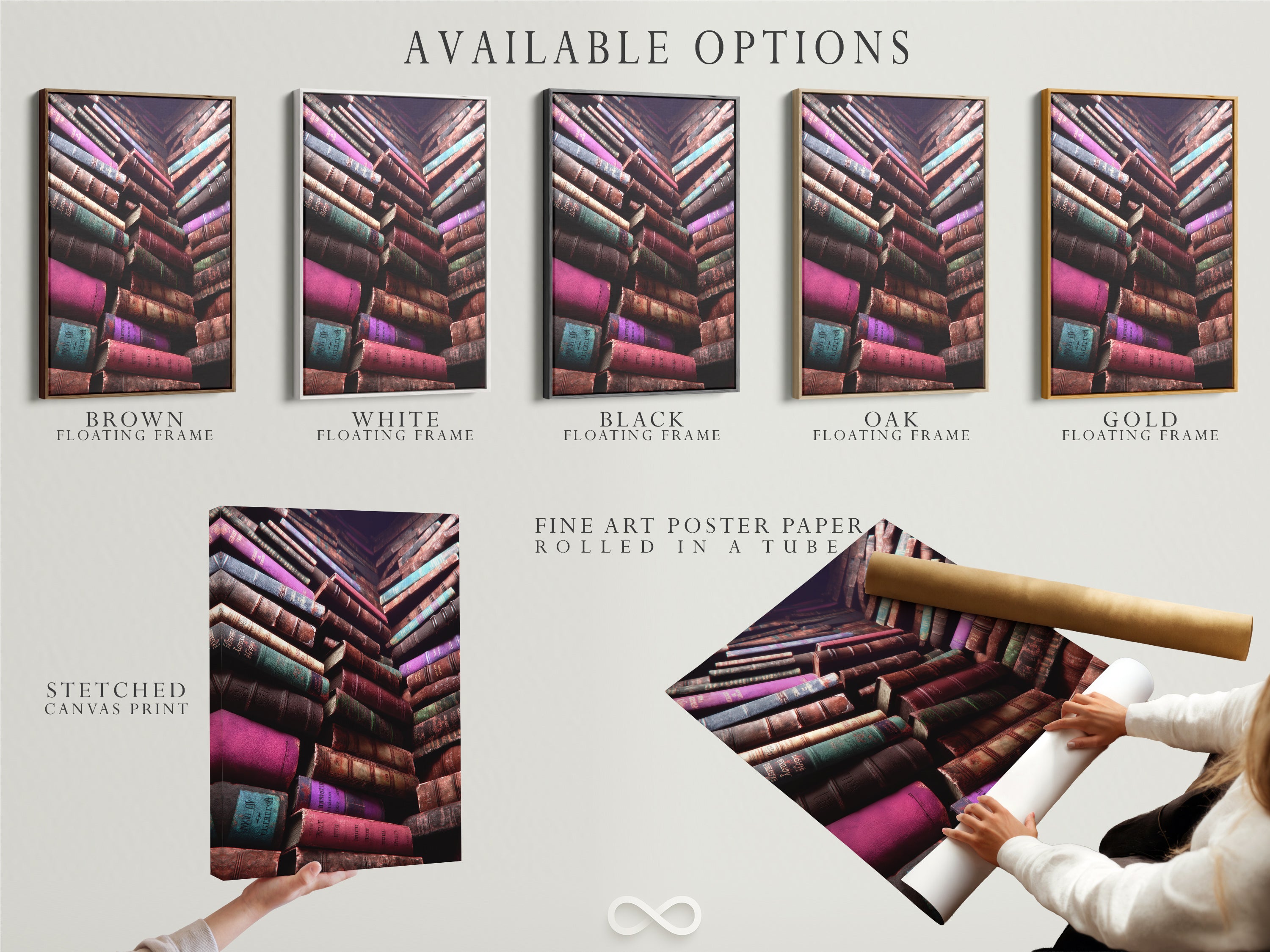 Available options for the vintage books artwork. Choose from a stretched canvas print or fine art poster paper. Consider a floating frame to complete the look. Perfect for customizing your library or study room art. It is a great book lover gift.
