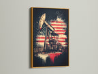 An Oil Rig Canvas Print with an American Flag design is presented in a gold frame. This artwork is a unique blend of industrial and patriotic themes. Ideal for adding a touch of vintage style to your space. Perfect for themed bars and Office Wall Decor. Shop now!