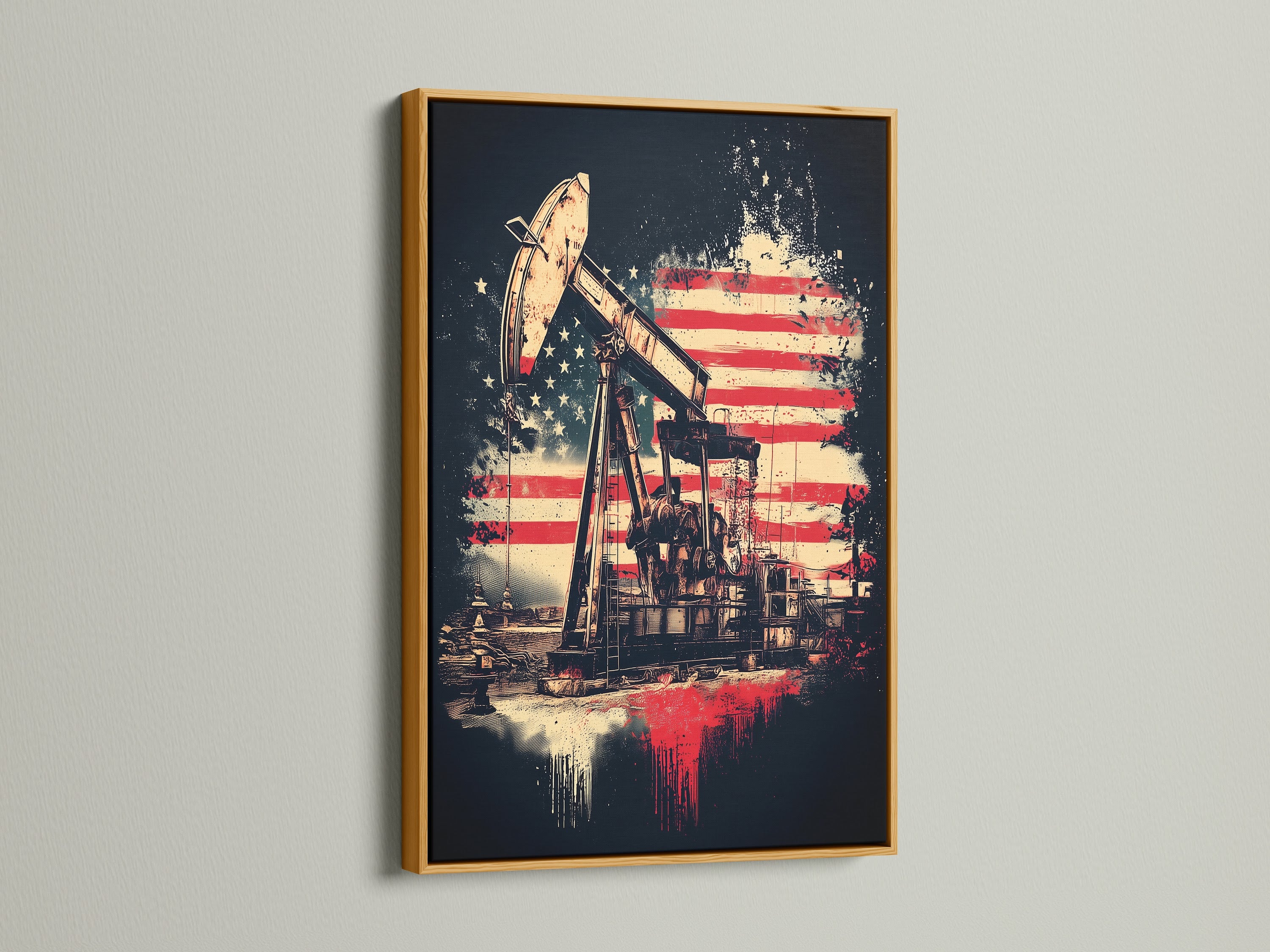 An Oil Rig Canvas Print with an American Flag design is presented in a gold frame. This artwork is a unique blend of industrial and patriotic themes. Ideal for adding a touch of vintage style to your space. Perfect for themed bars and Office Wall Decor. Shop now!
