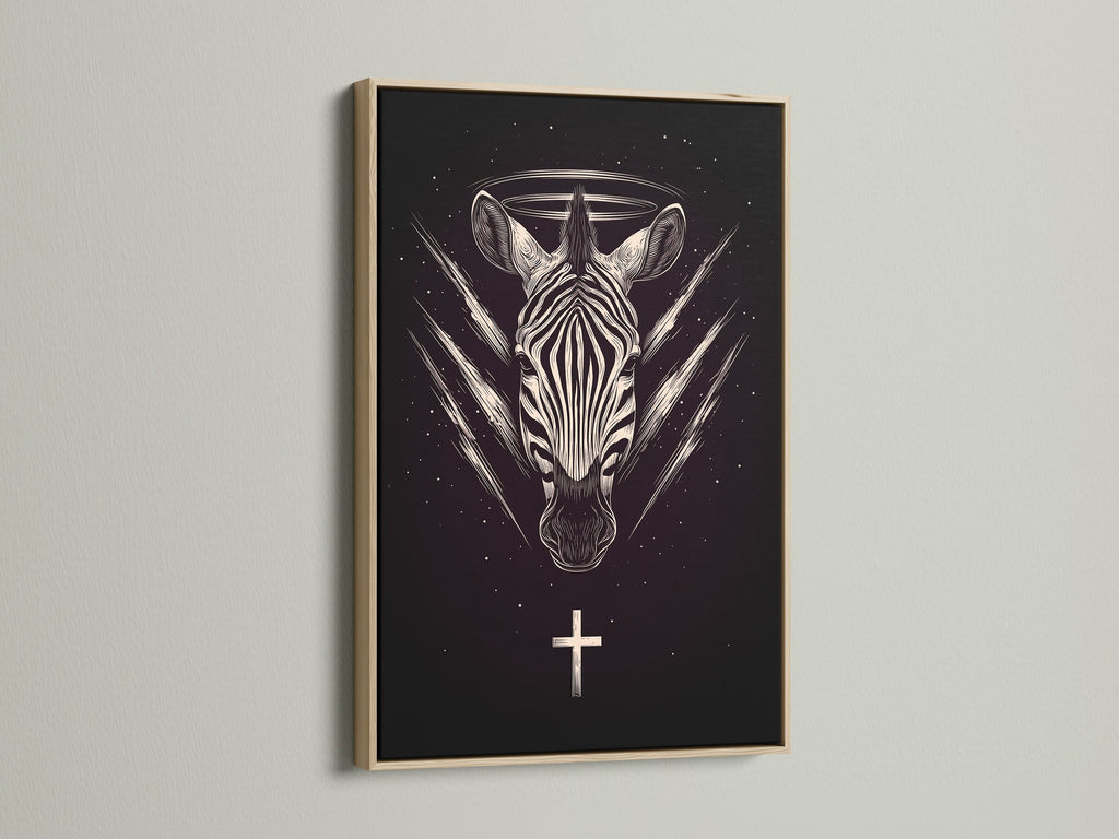 Zebra Celestial artwork with an oak frame. This gothic animal wall art features sacred geometry. The oak frame enhances the celestial print. Ideal for adding spiritual art to your bedroom wall. A modern gothic art piece.