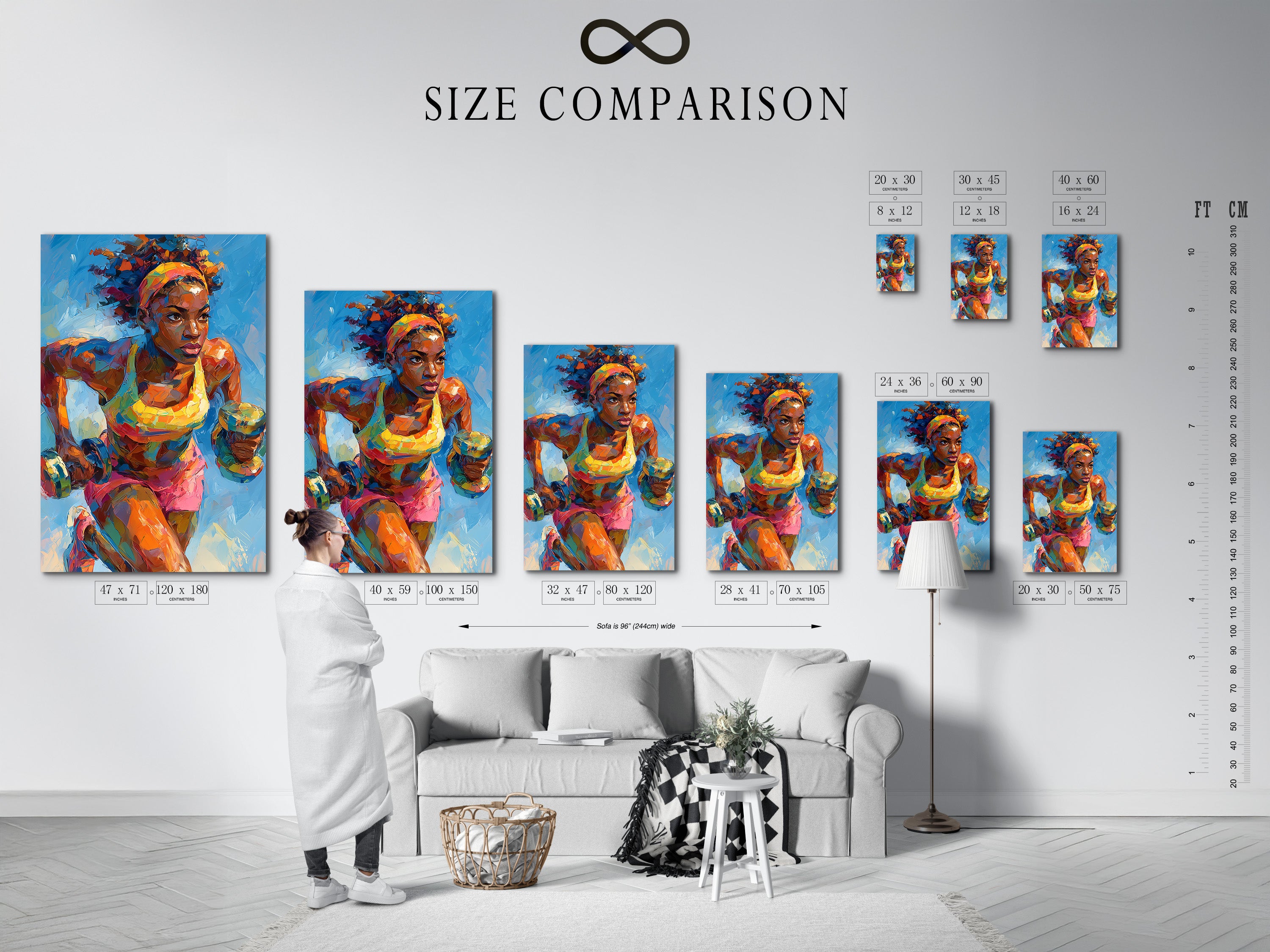 This is a size comparison chart displayed in an interior setting. See how the female boxer artwork fits in different spaces. This visual guide helps you choose the perfect size for your wall. Plan your gym or office decor with ease. Find the ideal fit for your sports wall art.