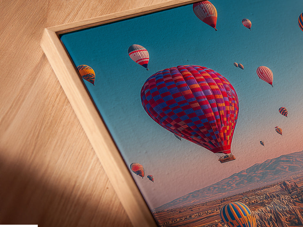 Close-up angled view of a canvas print in a floating frame. The Cappadocia landscape artwork appears to float. The floating frame adds a modern touch. It enhances the travel photography for bedroom decor.